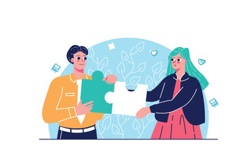 Fototapeta premium Teamwork concept with people scene in the flat cartoon design. Two colleagues combined their efforts to work together and get a cool result. Vector illustration.