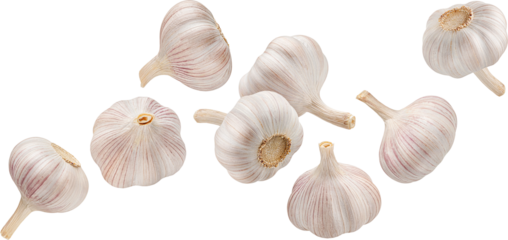Falling garlic cloves isolated