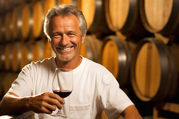 Hombre vinicultor sosteniendo sonriente una copa de vino rodeado por toneles en una bodega  - obrazy, fototapety, plakaty