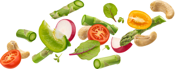 Healthy vegetarian salad with asparagus, sprouted beans, microgreen leaves, celery and radish slices