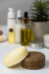 Solid shampoos for hair care. Natural handmade cosmetics made from oils and plants.