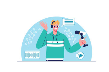 Podcast concept with people scene in the flat cartoon style. A radio host records a morning podcast in the studio for his listeners. Vector illustration.