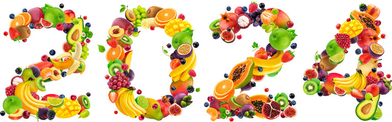 2024 year number made of fruits and berries isolated on white background