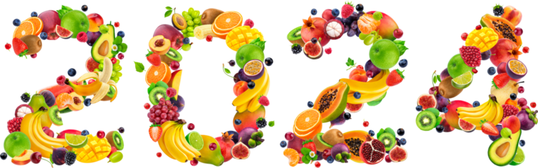 2024 year number made of fruits and berries isolated on white background