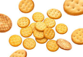 Falling round cheese crackers isolated on white background