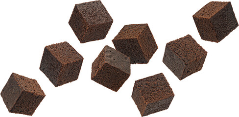 Chocolate brownie cubes isolated on white background, full depth of field