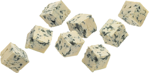 Falling blue cheese cubes isolated on white background
