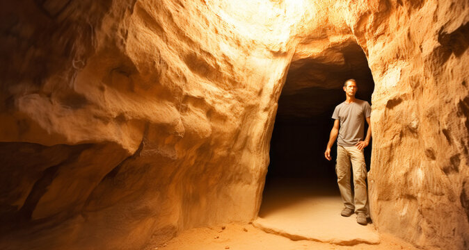 Hombre explorador espele&oacute;logo explorando una cueva