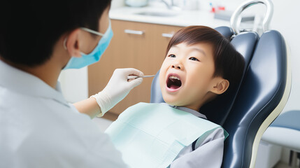 Dentist examining Asian boy's teeth in a dental clinic. Generative AI. - obrazy, fototapety, plakaty