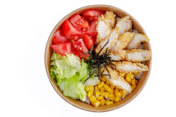 Poke with chicken, chicken nuggets, tomato, corn, iceberg, poke rice, aiolina sauce, white background 1