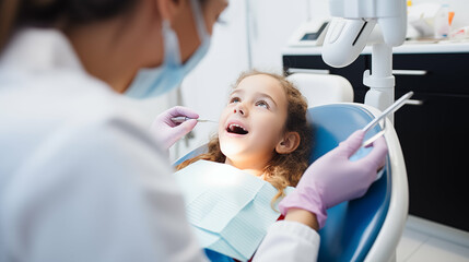 Dentist examining girl's teeth in a dental clinic. Generative AI.