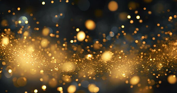 Birthday, New Year celebration gold glitter on dark background. Announcement holiday invitation with blurred, bokeh movement. Copyspace wallpaper with glitter, particles and texture.