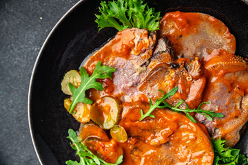 beef tongue hot sauce fresh delicious eating meal cooking appetizer food snack on the table copy space food background