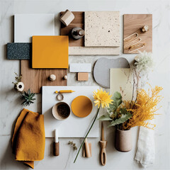Illustration of moodboard with material options for the design of a new kitchen - obrazy, fototapety, plakaty