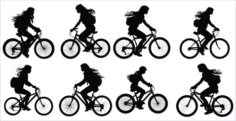 Girl riding bicycle Silhouettes set, woman riding bicycle vector 
