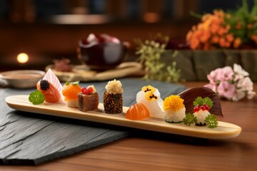 the exquisite presentation of a plate of omakase sushi, showcasing a chef-curated selection of the...