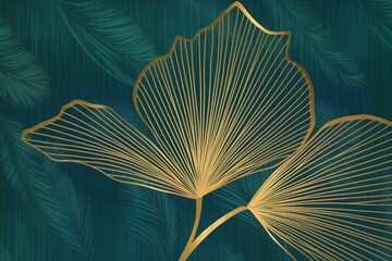 a green background with large palm leaves, in the style of dark teal and light gold
