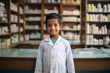 A indian boy pharmacist on the background of shelves with medicines - obrazy, fototapety, plakaty