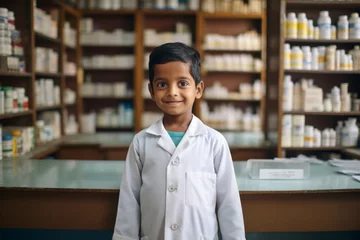 Poster A indian boy pharmacist on the background of shelves with medicines © vasyan_23