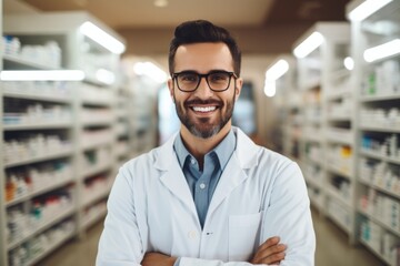 A man pharmacist on the background of shelves with medicines - obrazy, fototapety, plakaty