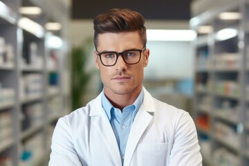 Fototapeta premium A man pharmacist on the background of shelves with medicines