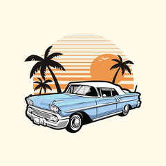 Classic Car in Beach Sunset Vibes Vector Art Illustration. Best for Automotive Tshirt Design - obrazy, fototapety, plakaty