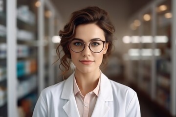 A woman pharmacist on the background of shelves with medicines