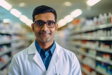 A indian man pharmacist on the background of shelves with medicines