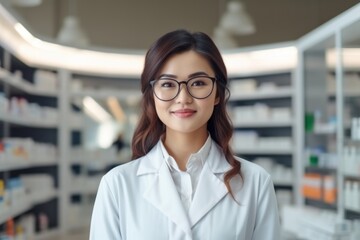 Fototapeta premium A asian woman pharmacist on the background of shelves with medicines