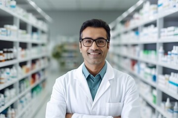 A indian man pharmacist on the background of shelves with medicines - obrazy, fototapety, plakaty