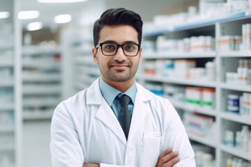 Fototapeta premium A indian man pharmacist on the background of shelves with medicines