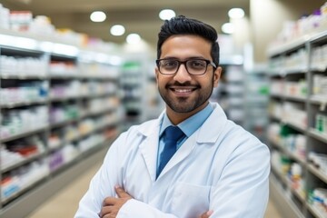 A indian man pharmacist on the background of shelves with medicines