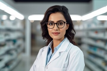 A indian woman pharmacist on the background of shelves with medicines - obrazy, fototapety, plakaty