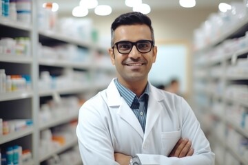 A indian man pharmacist on the background of shelves with medicines - obrazy, fototapety, plakaty