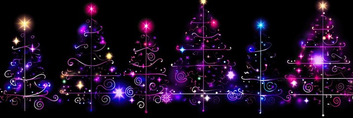 Obraz premium Many Christmas tree neon lighting on black background