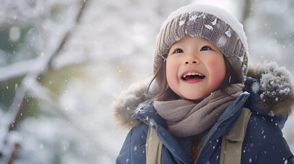 雪を見て喜ぶ子供 | generative AI - obrazy, fototapety, plakaty