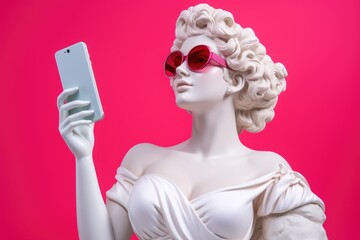 Portrait of a white sculpture of Aphrodite wearing blue glasses looking into a smartphone on a pink background.