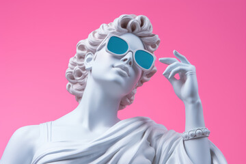 Portrait of a white sculpture of Aphrodite wearing blue glasses sitting in a haughty pose on a pink...