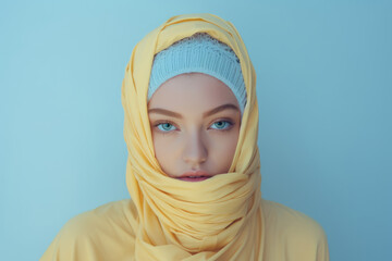 Portrait of a sad Muslim girl with blue eyes against a blue wall.