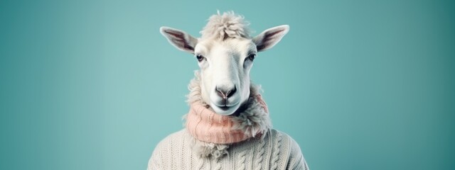 Portrait of a cute sheep in a white wool sweater on a blue pastel background with copy space.