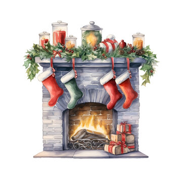 recommend clip art: cozy fireplace with socks watercolor illustration, Christmas decoration 