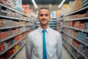 a happy man seller consultant on the background of shelves with products in the store