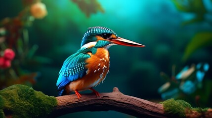 Adorable colorful bright kingfisher with blue feathers sitting on thin branch against green background in nature