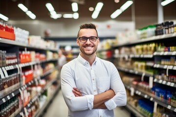 a happy man seller consultant on the background of shelves with products in the store