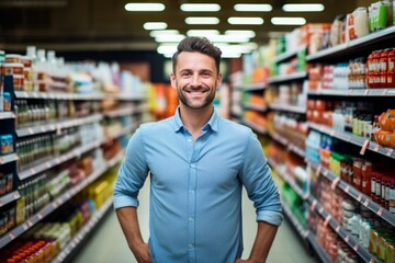 a happy man seller consultant on the background of shelves with products in the store