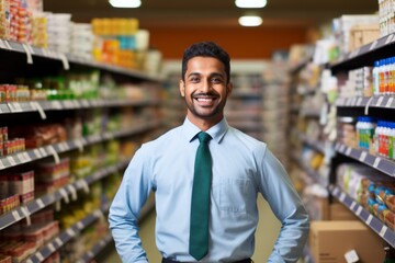 a happy indian man seller consultant on the background of shelves with products in the store