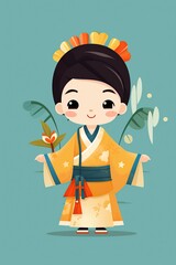 Asian traditional cartoon girl flat illustration. AI Generated.