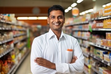 a happy indian man seller consultant on the background of shelves with products in the store - obrazy, fototapety, plakaty