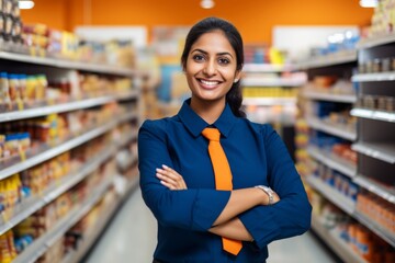 a happy indian woman seller consultant on the background of shelves with products in the store - obrazy, fototapety, plakaty