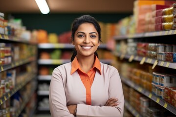 a happy indian woman seller consultant on the background of shelves with products in the store